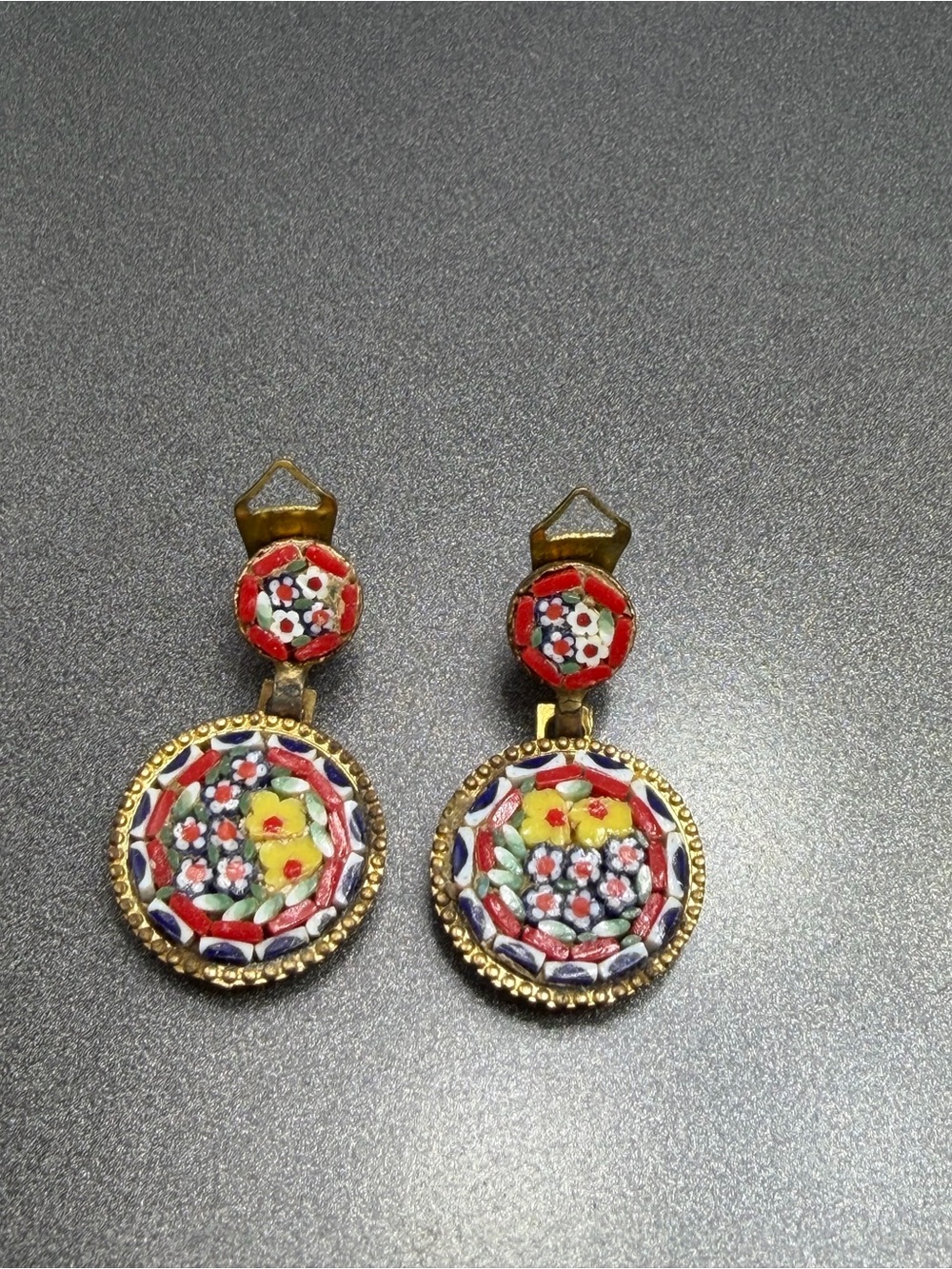 Vintage Mosaic Glass Floral clip  Earrings